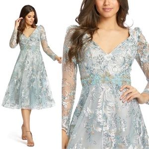 NWT Slate Blue Grey Mac Duggal Floral Long Sleeve Gorgeous Beaded Sequin